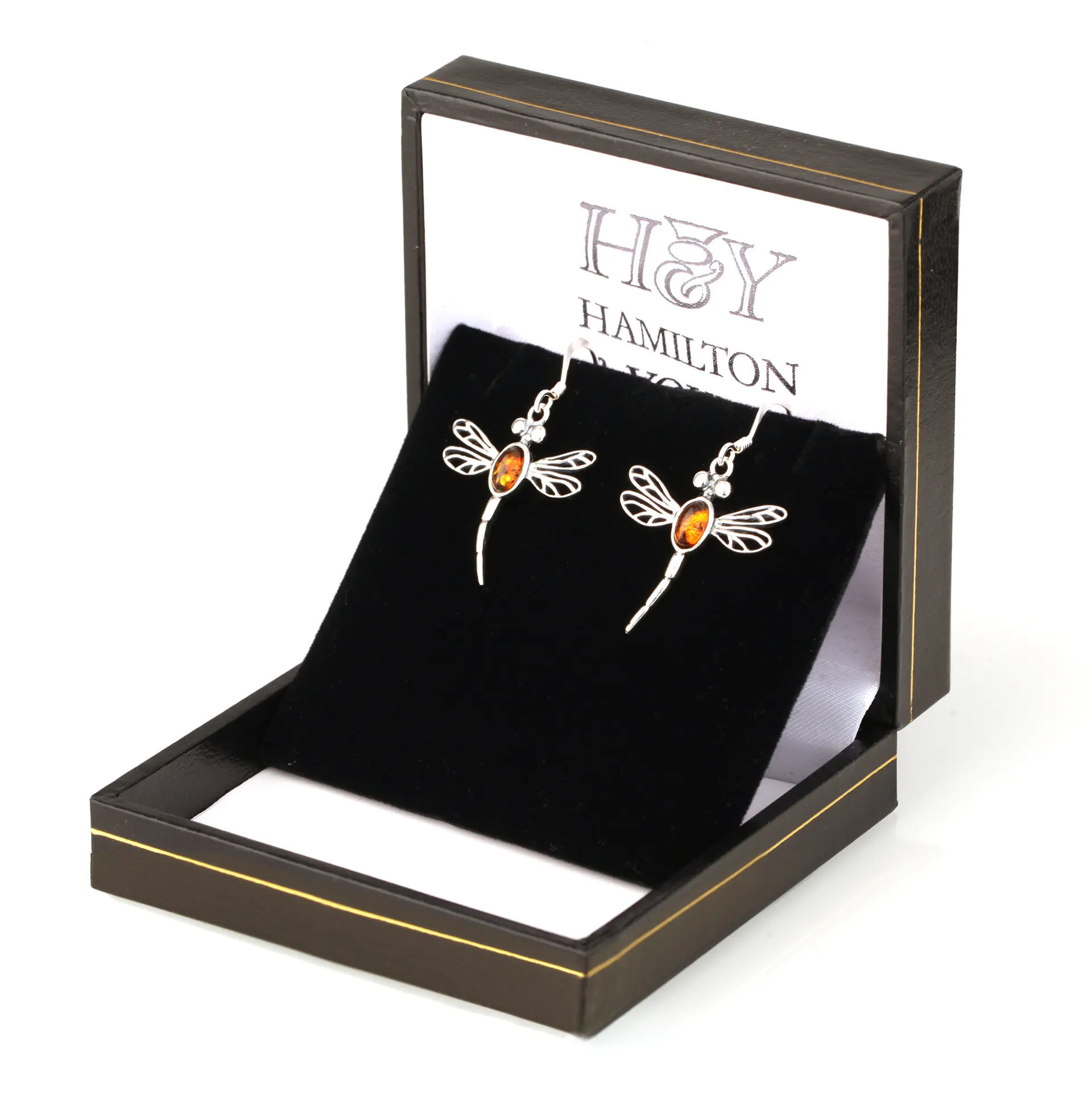 Dragonfly in Amber - Libellen-Ohrhänger aus Sterlingsilber mit Bernstein