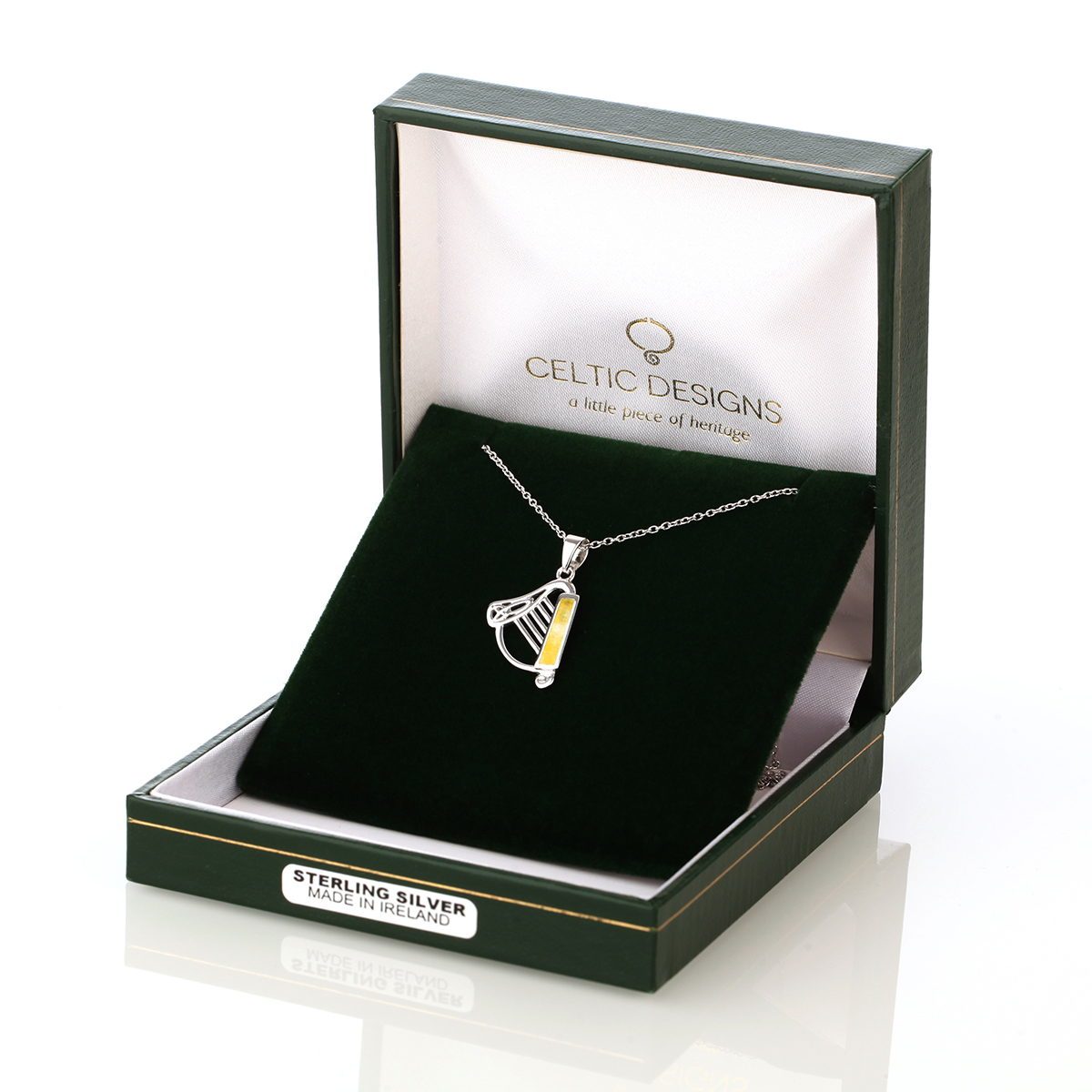 Kette-anhaenger-celtic-harp-irische-harfe-silber-001 Connemara Irish Harp Kette - Irische Harfe Anhänger - Silber & grüner Marmor
