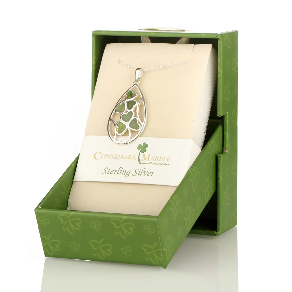 Hearts & Shamrock - Irische Kleeblatt Kette - Sterling Silber & Connemara Marmor