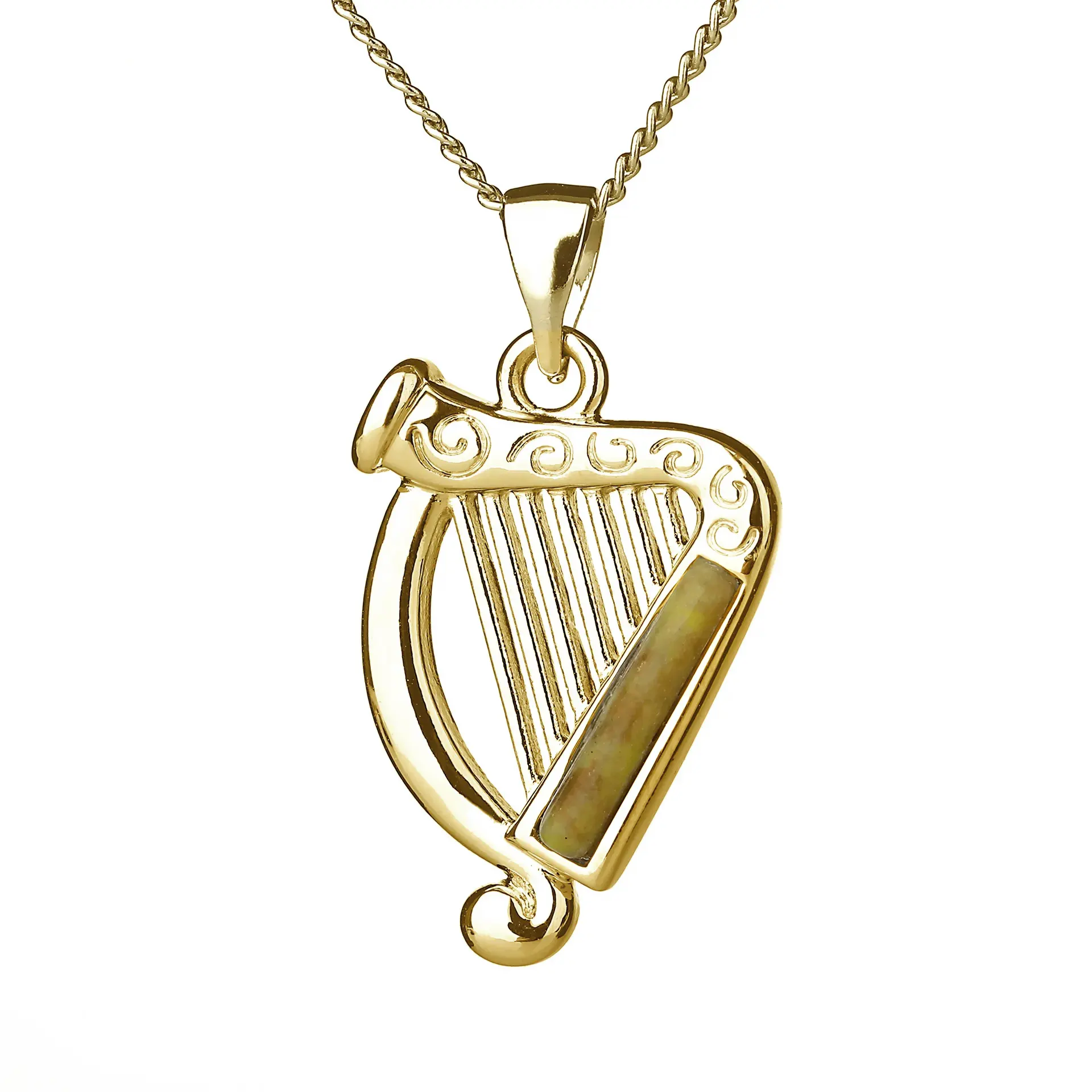 Irische Harfe 18K vergoldet, mit keltischen Ornamenten und Connemara Marmor