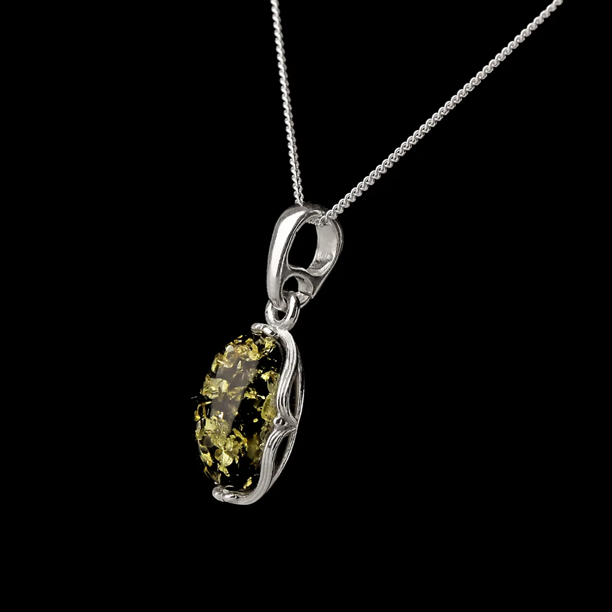 Green Amber Drop - Irische Kette aus grünem Bernstein & Sterling Silber