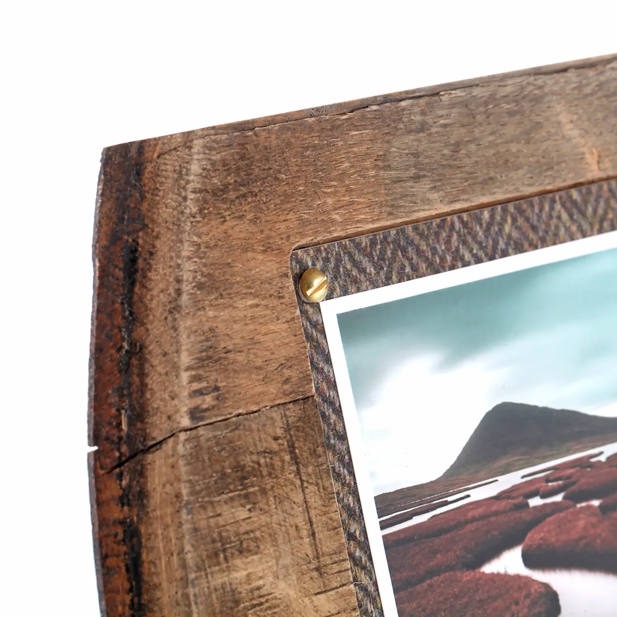 Whiskyfass Fotorahmen 3 x 10x15 cm - Handgefertigt aus recyceltem Fassholz (Eiche) & Harris Tweed