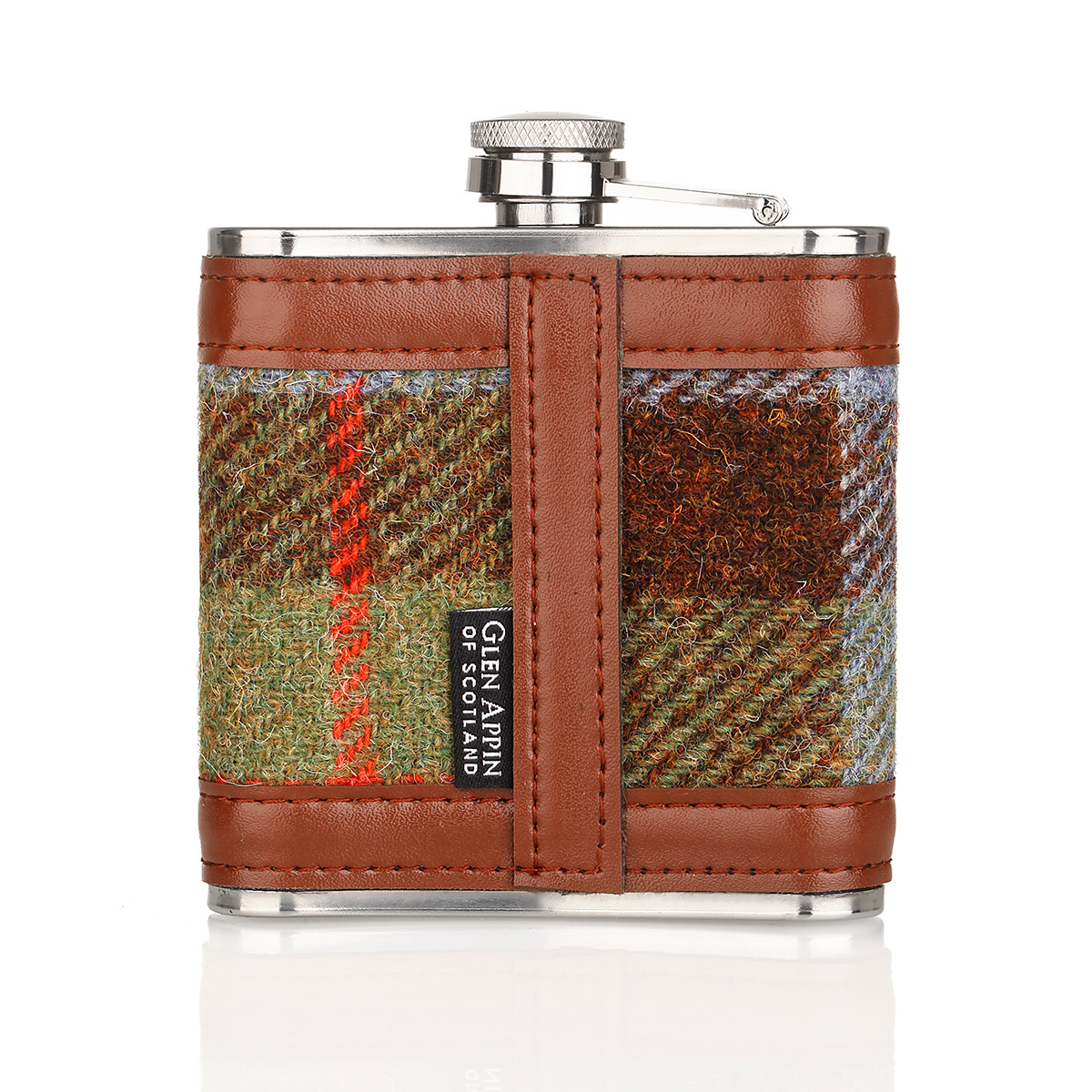 flachmann-hip-flask-edelstahl-schottland-tartan-harris-tweed-karo-009 Harris Tweed Flachmann aus Schottland in MacLeod Tartan