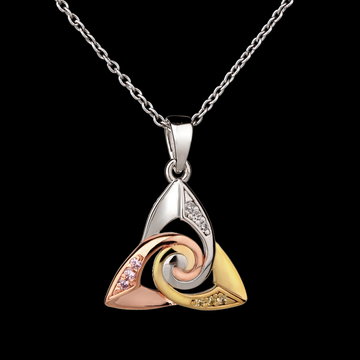 Kette-anhaenger-keltisch-trinity-spirale-silber-gold-kristall-002 Keltischer Trinity Anhänger aus Irland - Silber - Gold - Roségold & Kristall