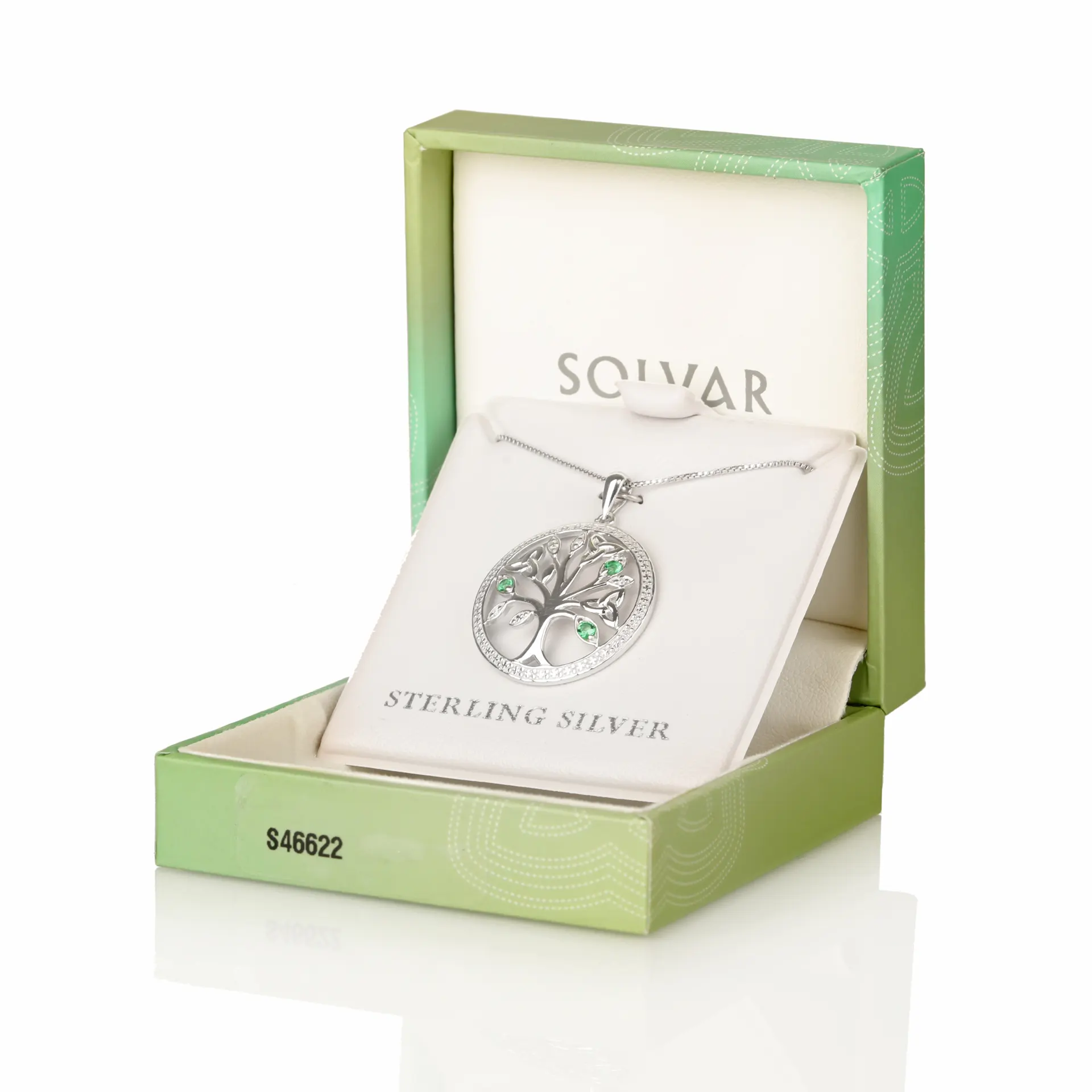 Keltische Lebensbaum Kette aus Irland - Sterlingsilber und grüne Kristalle