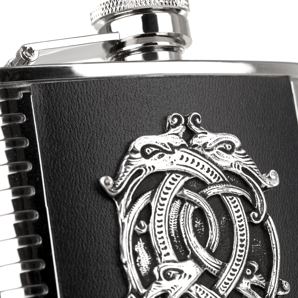 flachmann-flask-keltisch-muster-drache-silber-schwarz-004 Celtic Dragon Flachmann aus Irland - Edelstahl & Zinn - keltischer Drache