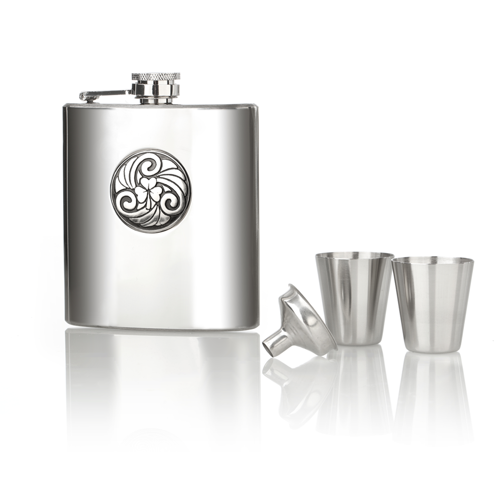 flachmann-irland-schottland-shamrock-kleeblatt-keltisch-001 Celtic Shamrock Flachmann & Shotbecher aus Edelstahl - keltisches Kleeblatt