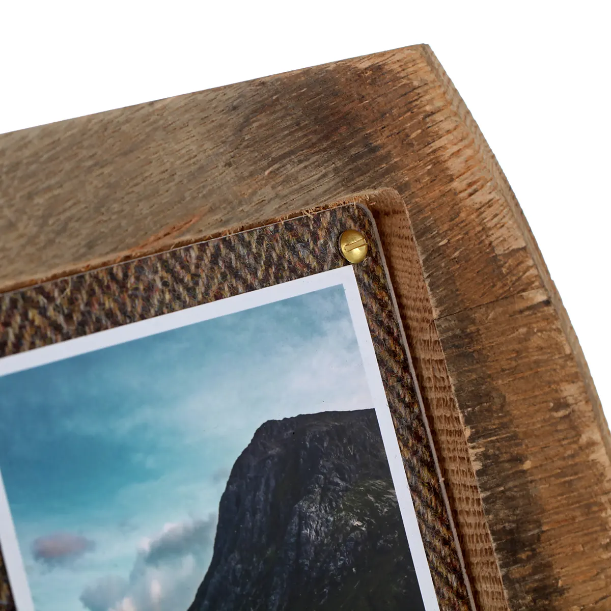 Whiskyfass Fotorahmen 3 x 10x15 cm - Handgefertigt aus recyceltem Fassholz (Eiche) & Harris Tweed