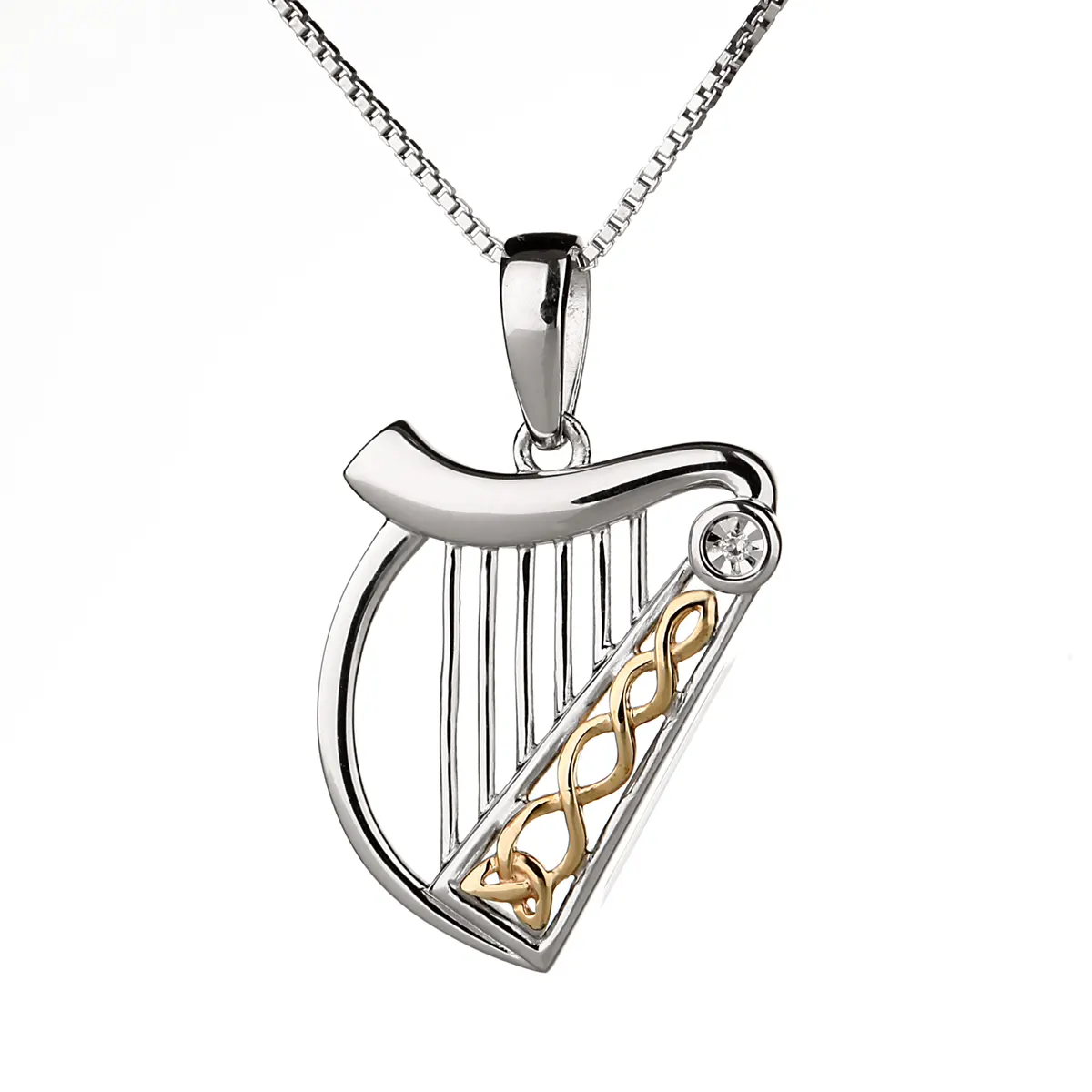 Diamond Irish Harp - fein gearbeitete irische Harfe mit Diamant - 10K Gold & Sterling Silber Diamond Irish Harp - fein gearbeitete irische Harfe mit Diamant - 10K Gold & Sterling Silber