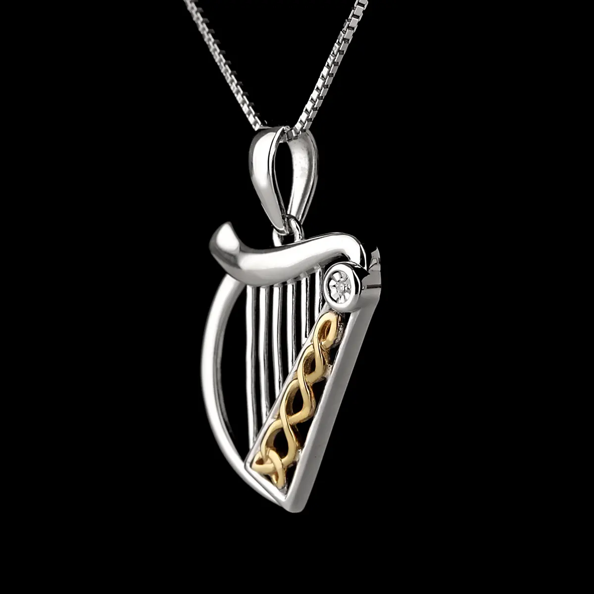 Diamond Irish Harp - fein gearbeitete irische Harfe mit Diamant - 10K Gold & Sterling Silber