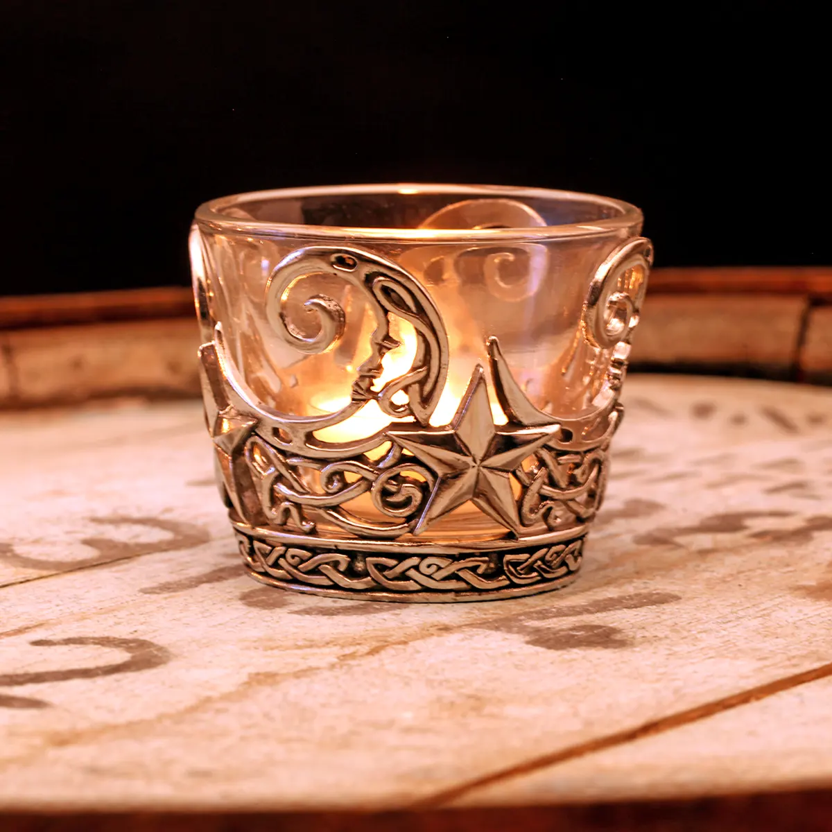 Celtic Moon & Stars Teelichthalter aus Glas & Zinn - keltischer Mond & Sterne