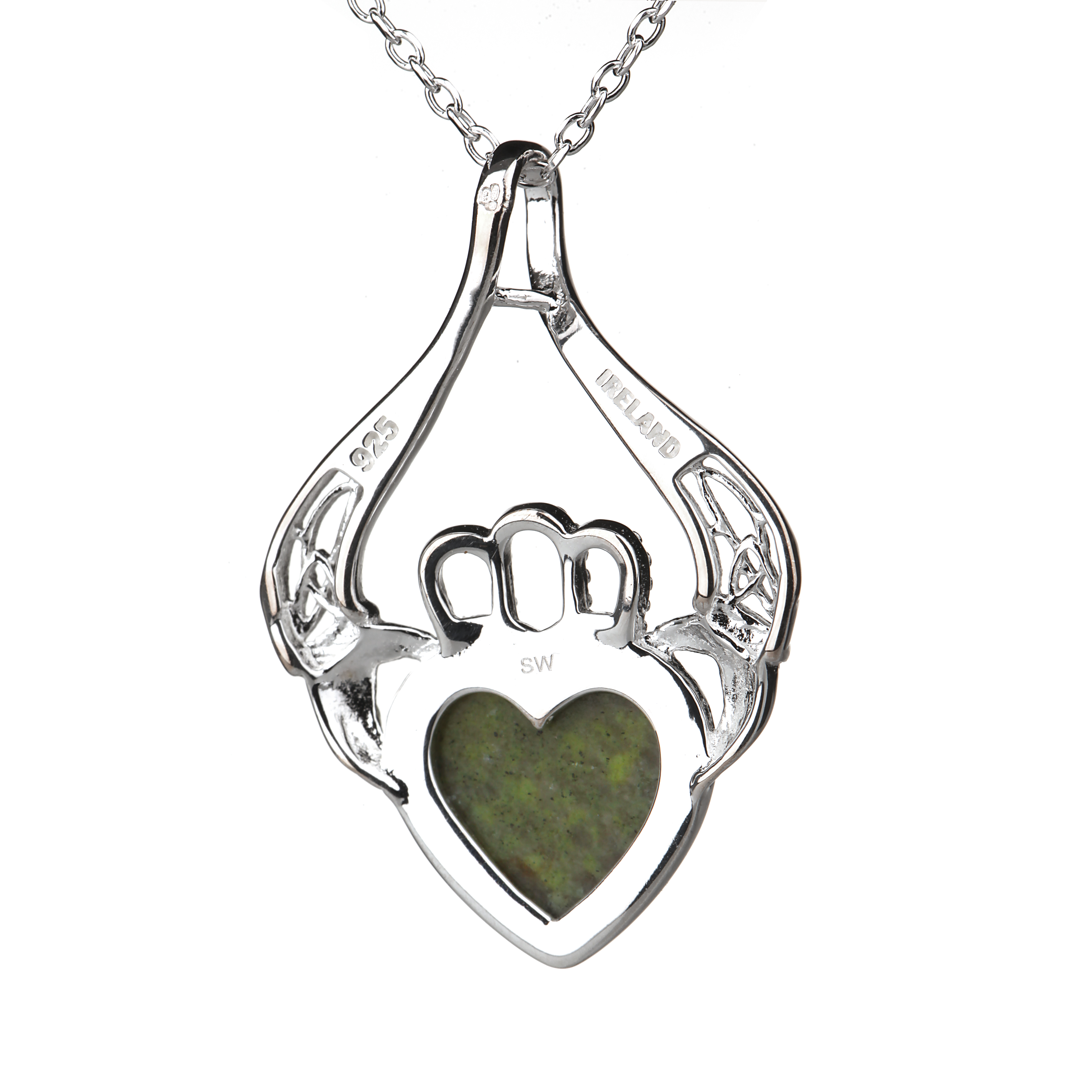 Irish Claddagh Heart Kette - Sterling Silber & Connemara Marmor aus Irland