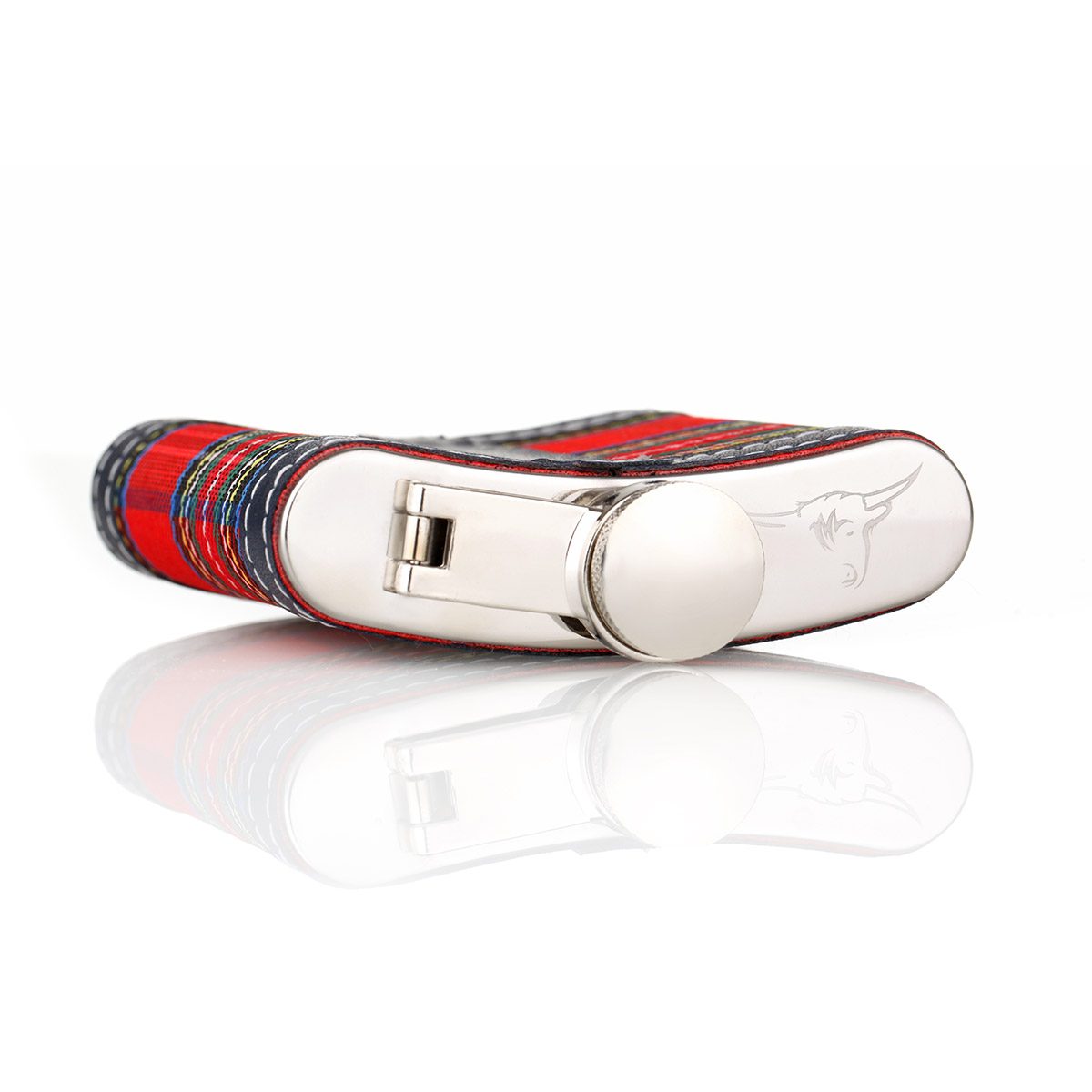 flachmann-hip-flask-edelstahl-royal-stewart-tartan-schottland-003 Schottischer Royal Stuart Tartan Flachmann aus Edelstahl mit schwarzen Applikationen (6oz)