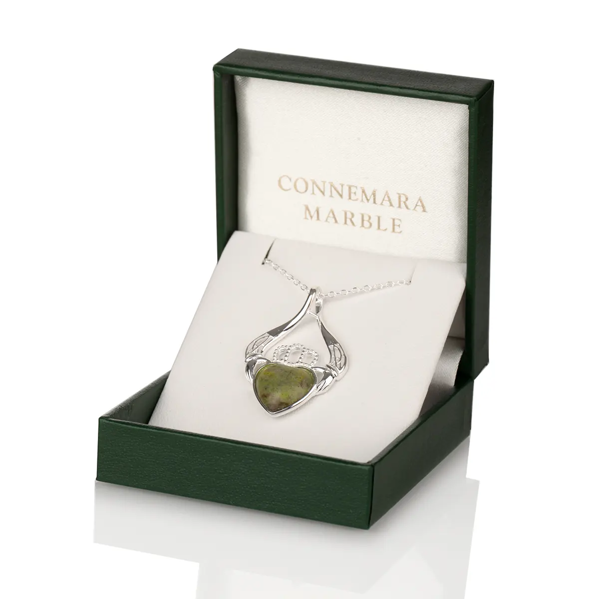 Irischer Claddagh Anhänger aus Sterlingsilber mit Connemara Marmor
