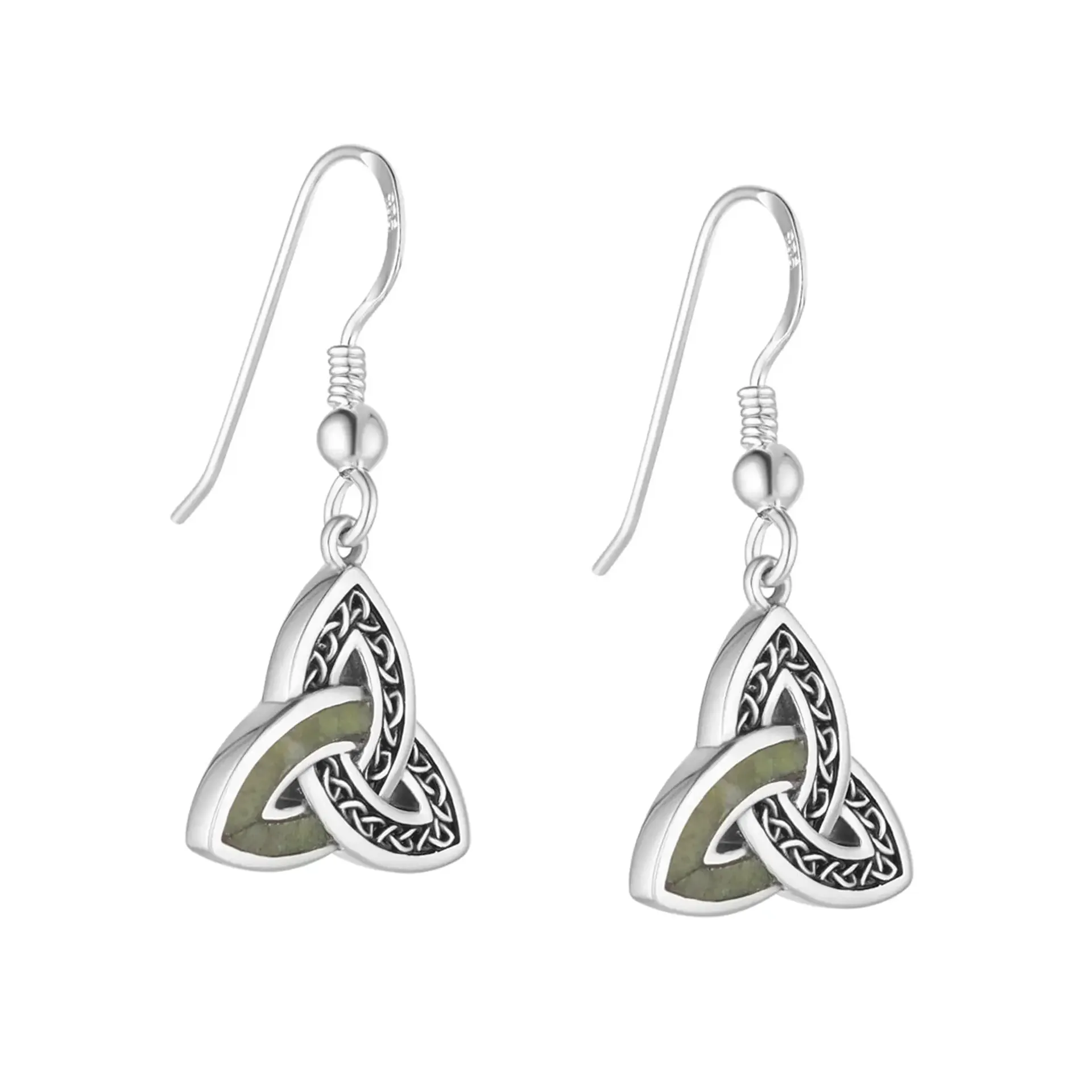 Keltische Trinity-Ohrhänger aus Sterlingsilber mit Connemara-Marmor - Handgefertigt in Irland