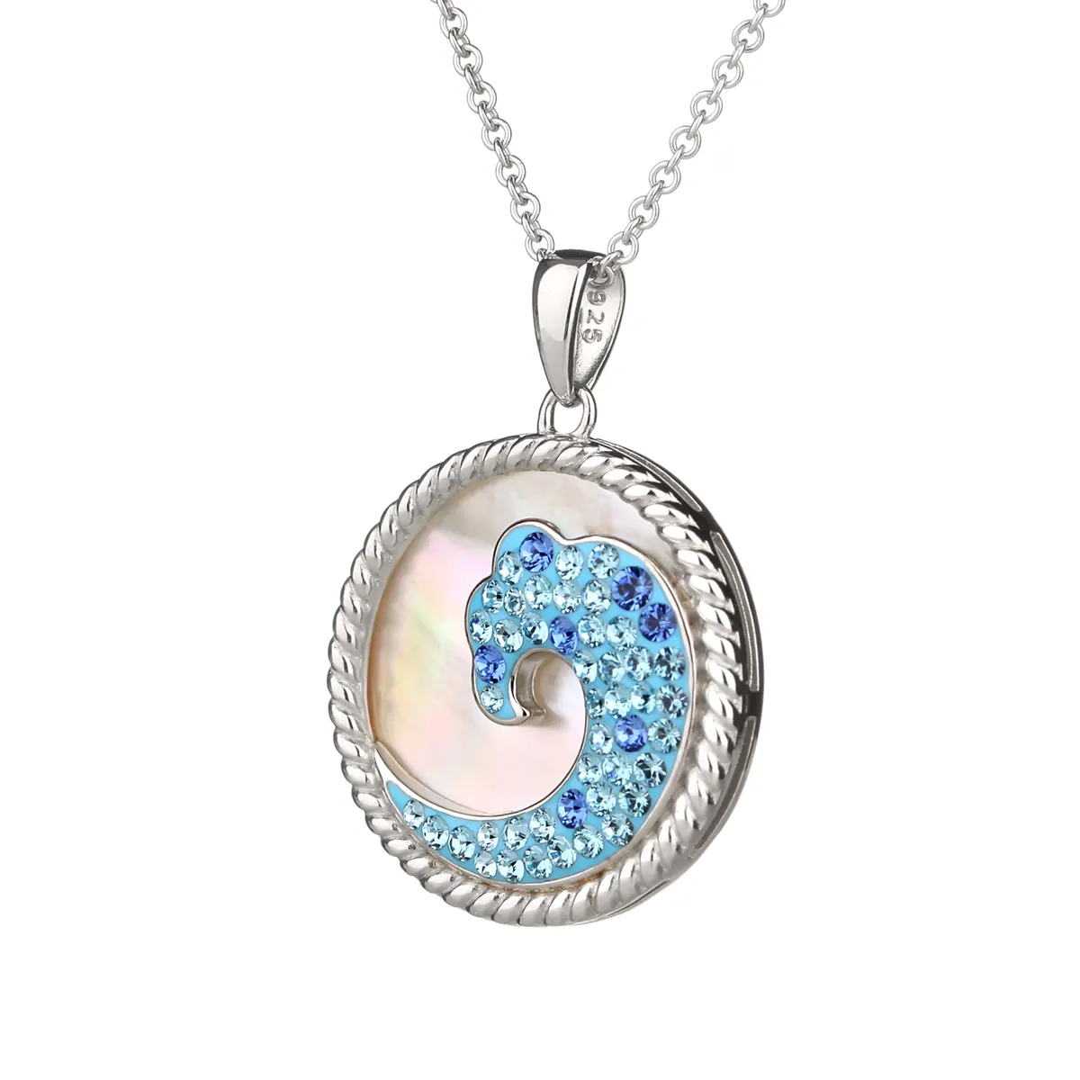 Kette-Anhaenger-ocean-wave-perlmutt-krisatall-silber-002 Blue Wave Ocean - Kette aus Irland mit Perlmutt & Swarovski® Kristallen