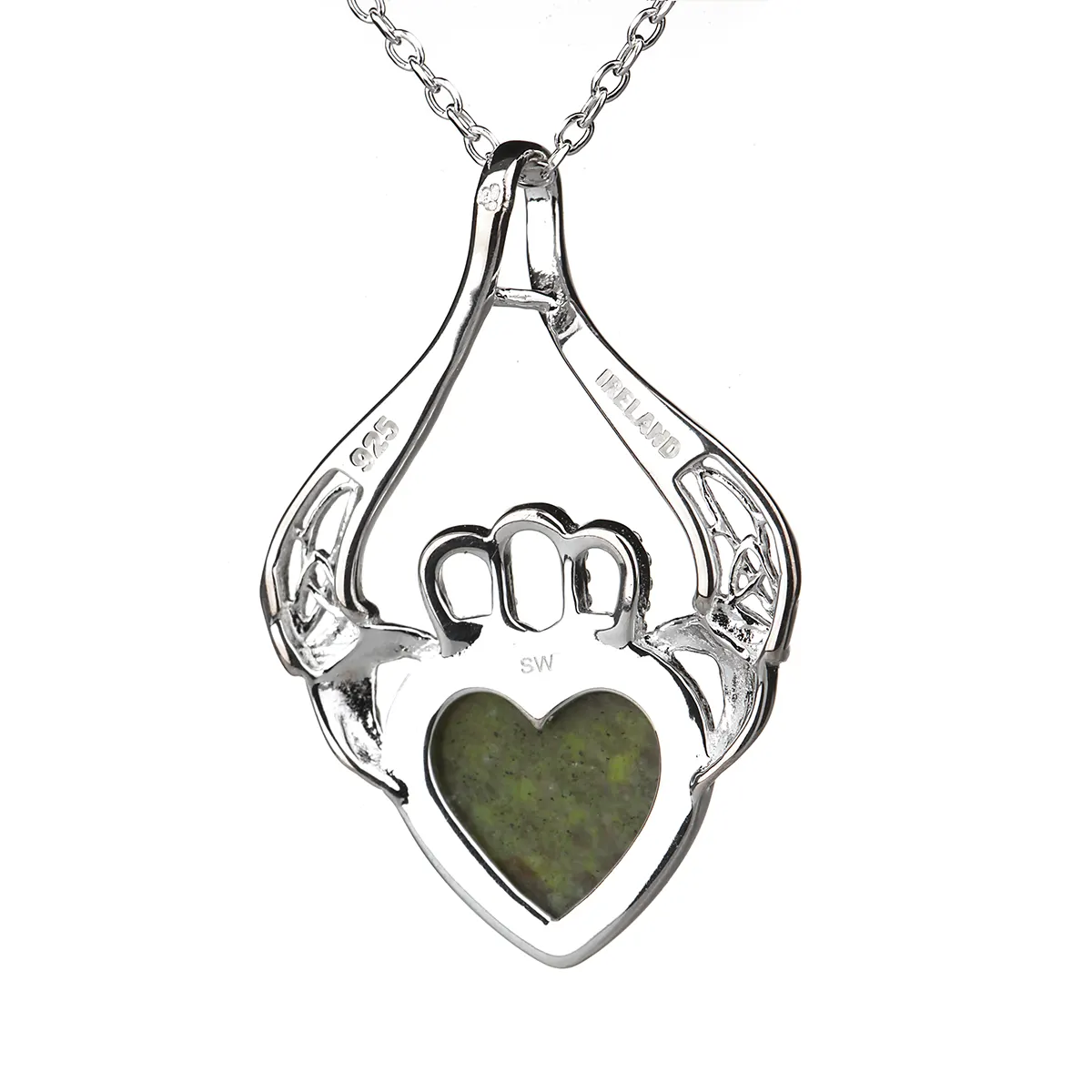 Irischer Claddagh Anhänger aus Sterlingsilber mit Connemara Marmor