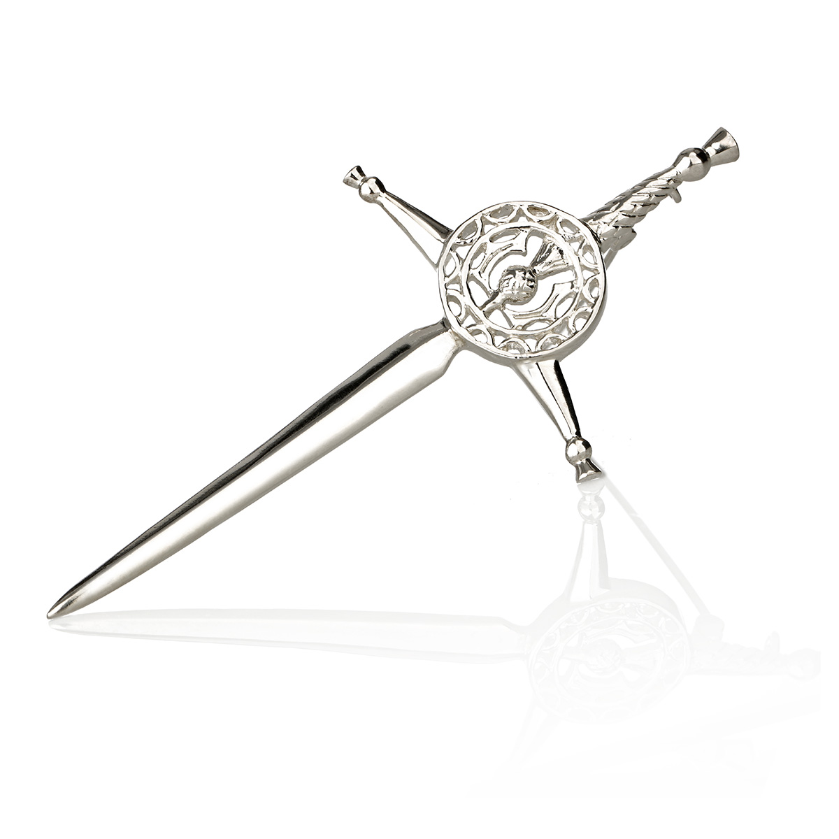 Highland Kilt Pin aus Sterling Silber - schottische Distel & keltische Muster