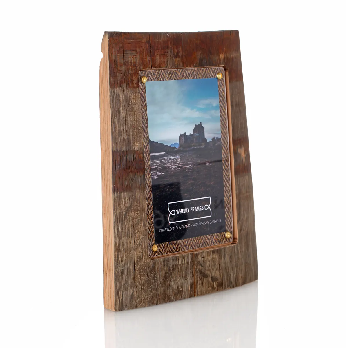 Whiskyfass-Fotorahmen 10x15 cm - Handgefertigt aus recyceltem Fassholz (Eiche) & Harris Tweed
