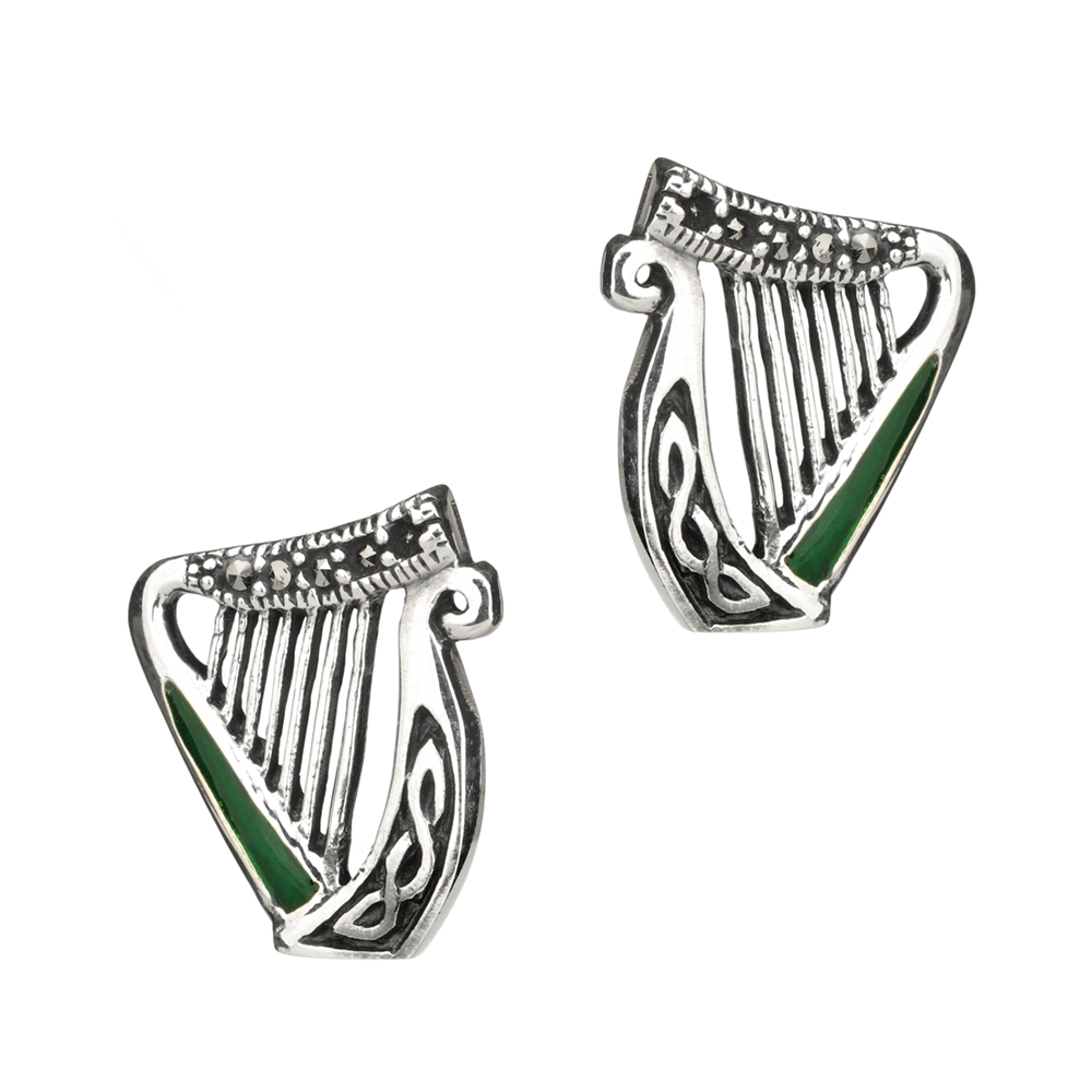 Celtic Harp Ohrstecker - Keltische Harfen aus Sterling Silber mit Emaille & Markasit