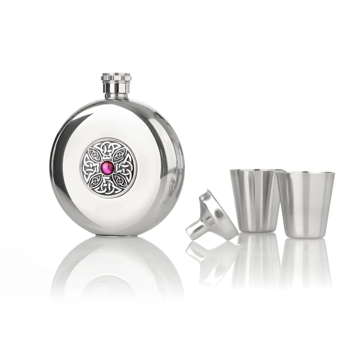 Celtic Crystal- Runder keltischer Flachmann mit Sichtfenster & Shotbechern Celtic Crystal- Runder keltischer Flachmann mit Sichtfenster & Shotbechern