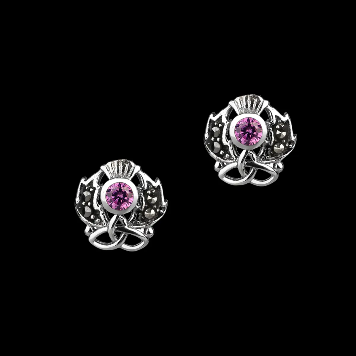 Schottische Distel - Ohrstecker aus Sterling Silber mit Markasit und Amethyst