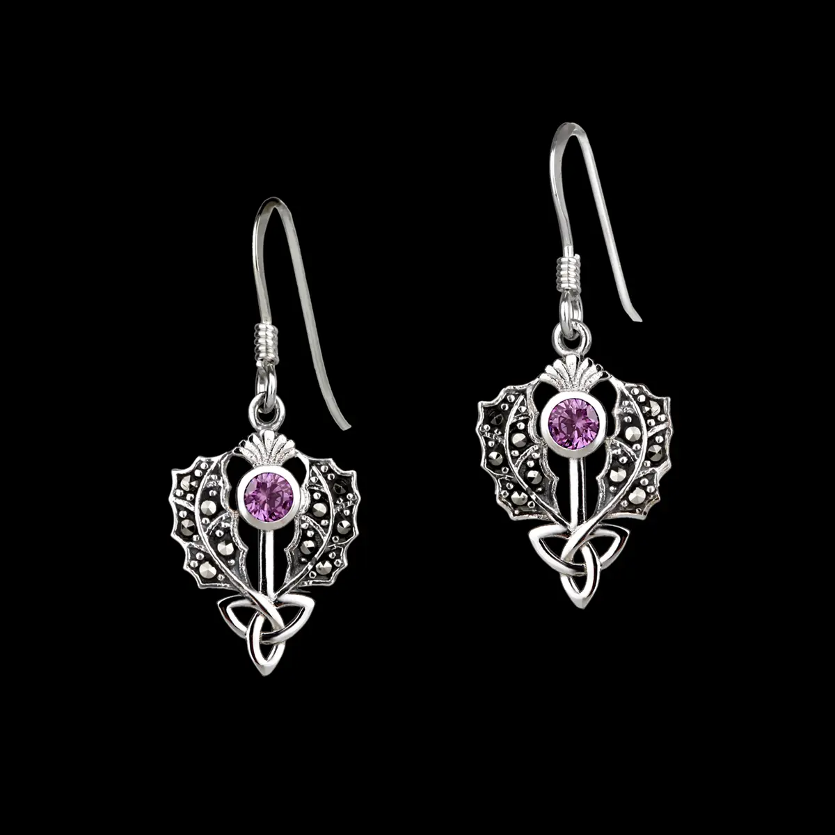 Scottish Thistle - Schottische Distel Ohrhänger aus Sterling Silber mit Markasit & Amethyst