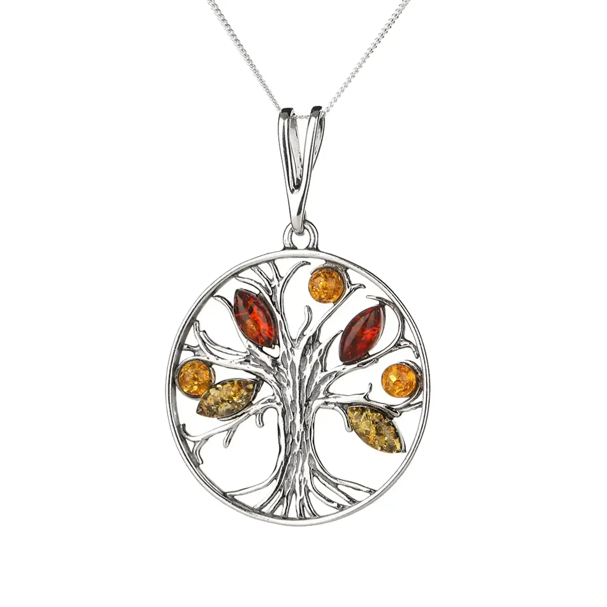 Coloured Amber Tree Of Life - Irische Lebensbaum Kette aus buntgem Bernstein & Sterling Silber