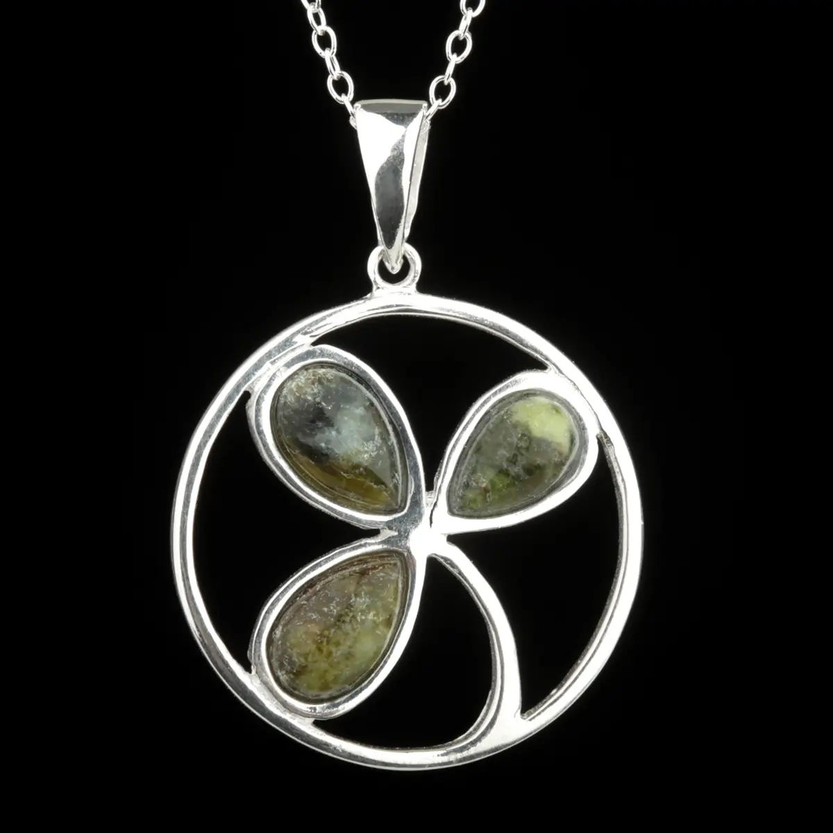 Round Irish Shamrock - Irische Kleeblatt Kette - Sterling Silber & Connemara Marmor